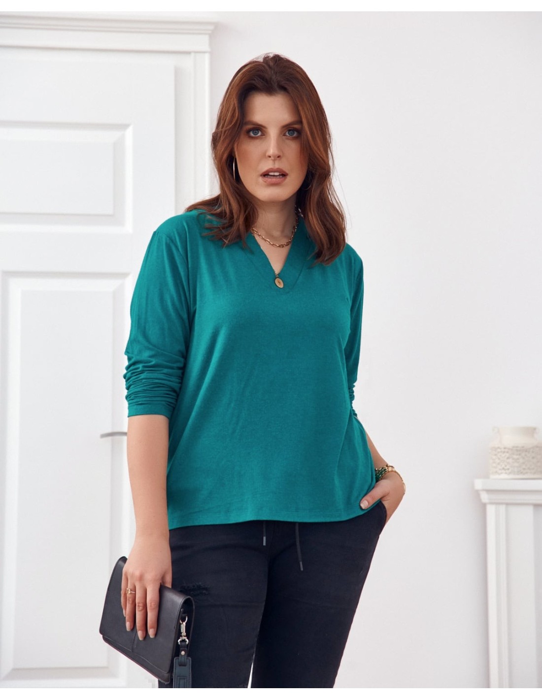 Bluza clasica cu decolteu in V, verde FG561 - Magazin online - Boutique